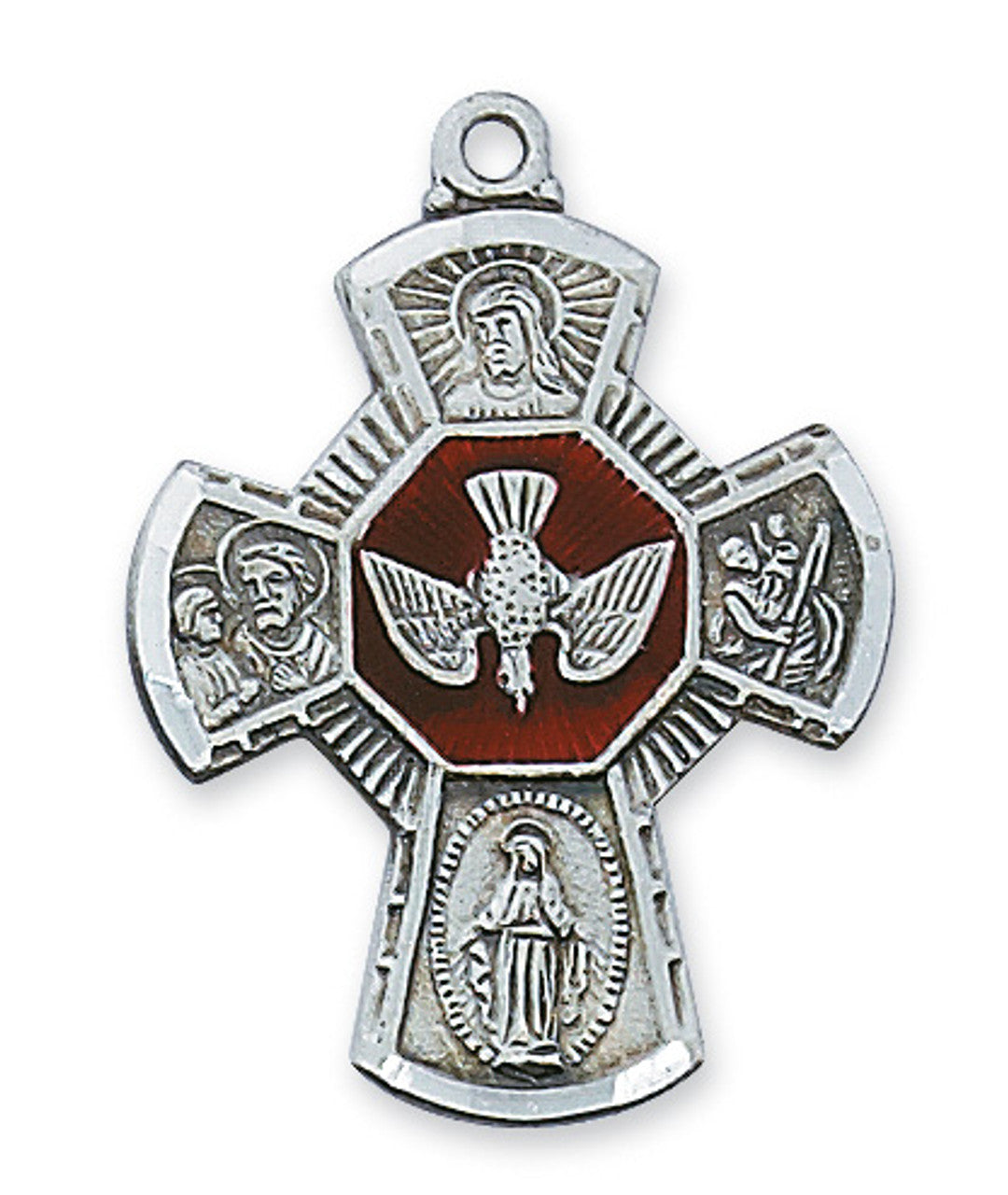 Sterling Silver Enameled 4 Way Medal with 24" Stainless Rhodium Plated Chain