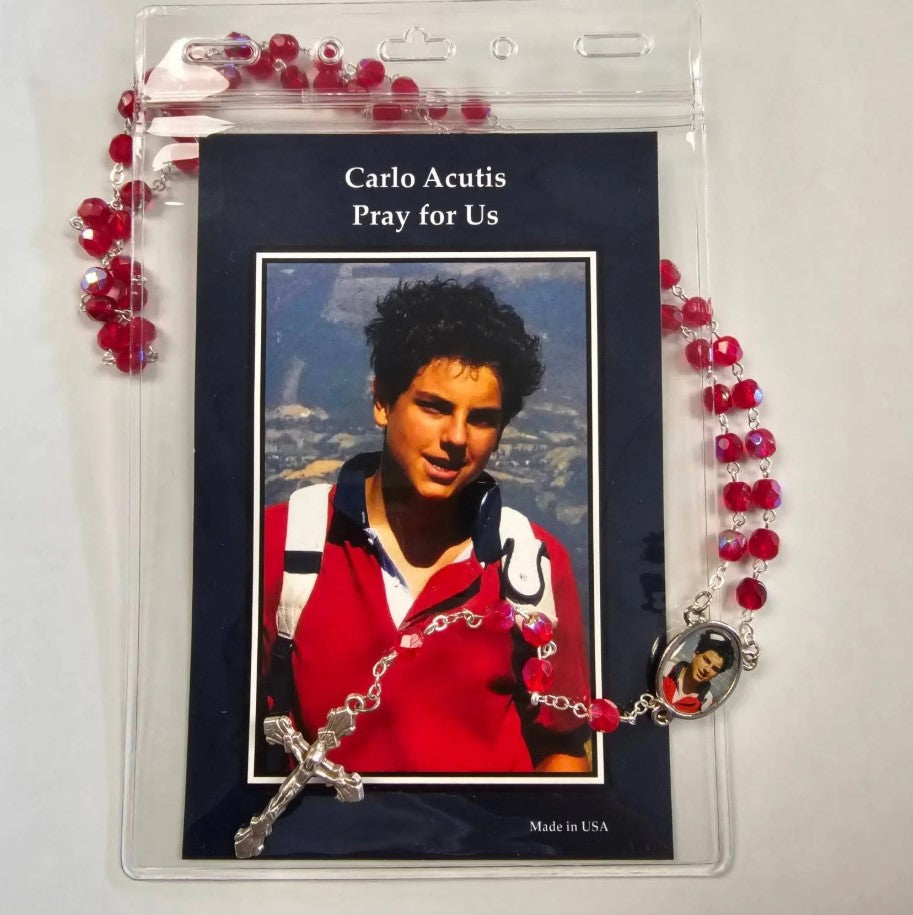 7mm Red Crystal Carlo Acutis Rosary with Prayer Card