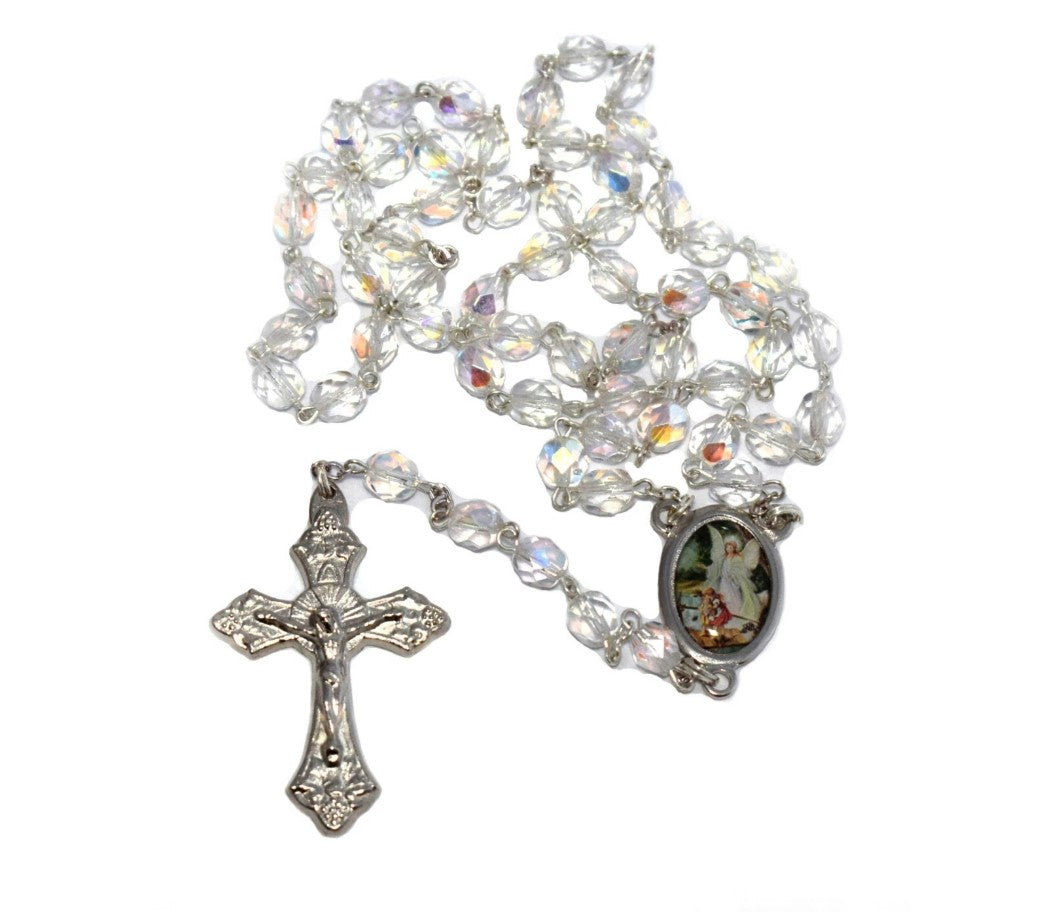 7mm Clear Crystal Guardian Angel Rosary with Prayer Card