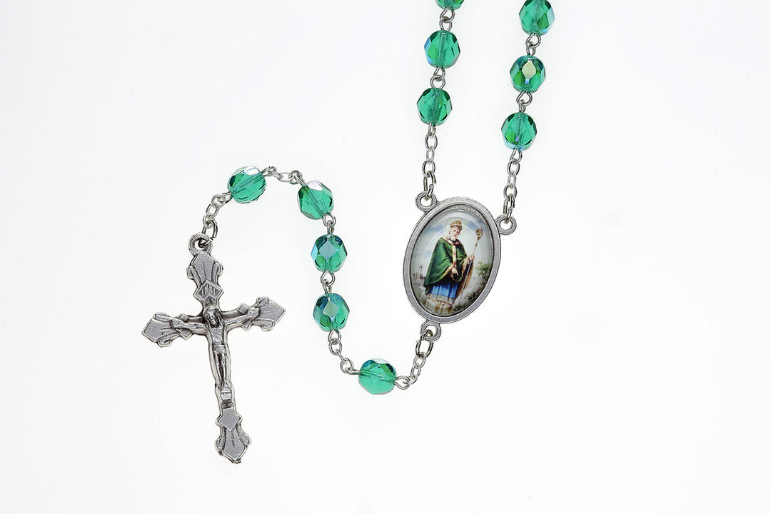 7mm Green Crystal St. Patrick Rosary with Prayer Card