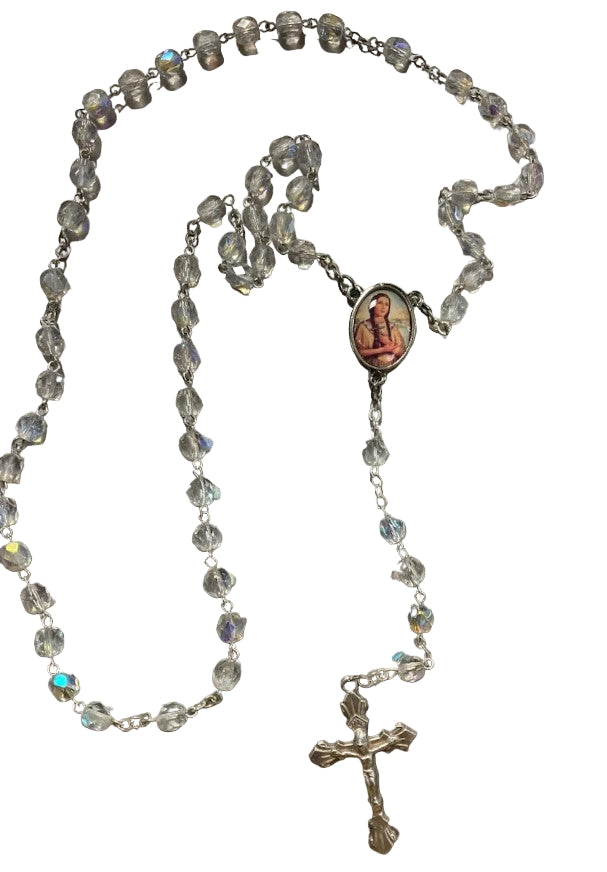 7mm Clear Crystal St. Tekakwitha Rosary with Prayer Card