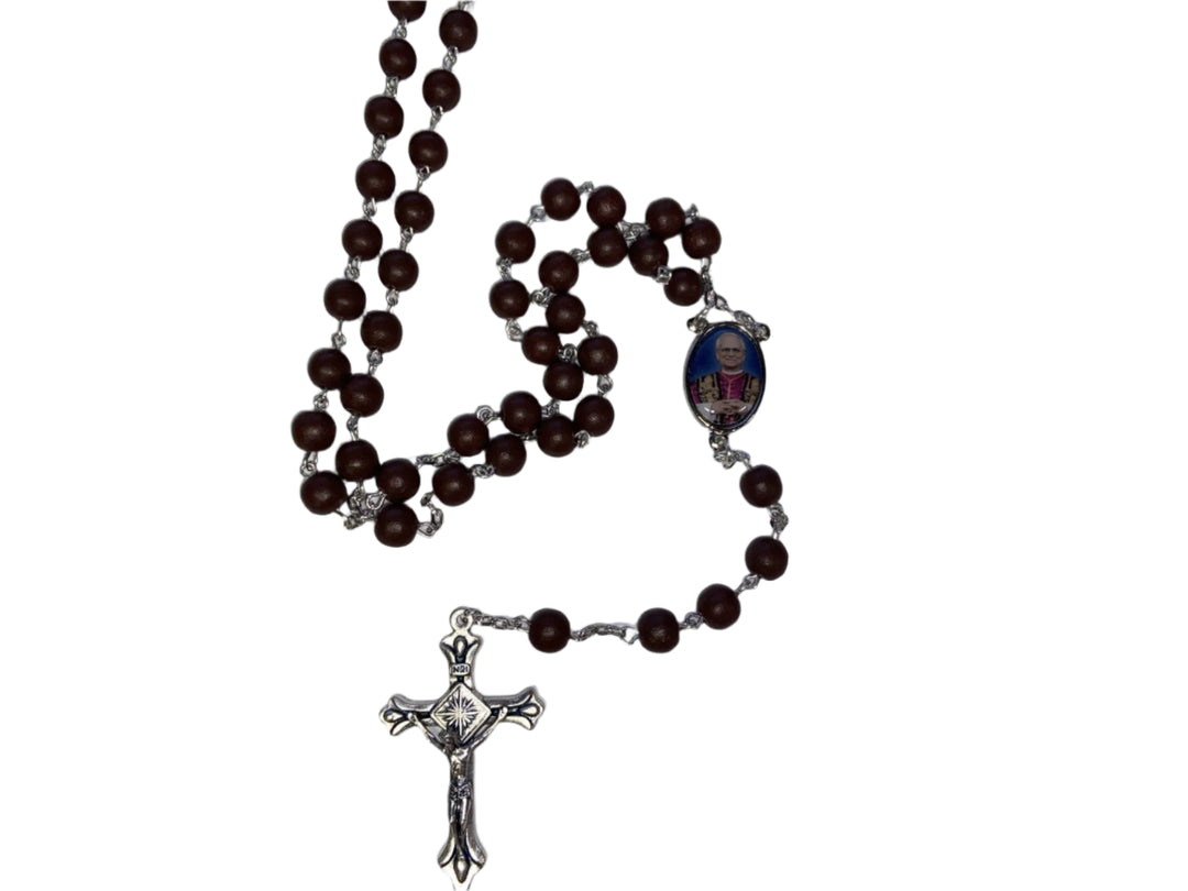 7mm Dark Brown Pope Leo XIV Wood Rosary