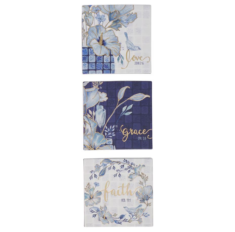 Love, Grace, Faith Blue Floral Tile Magnet Set