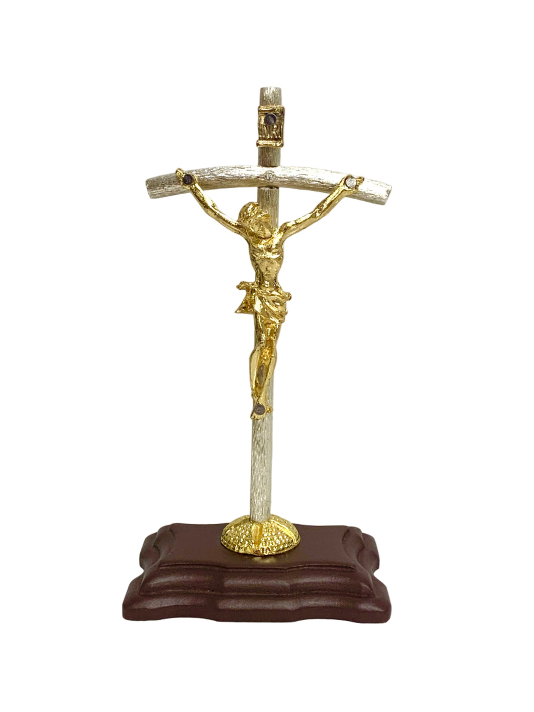 5" Two Tone Metal Papal Crucifix with Wood Base