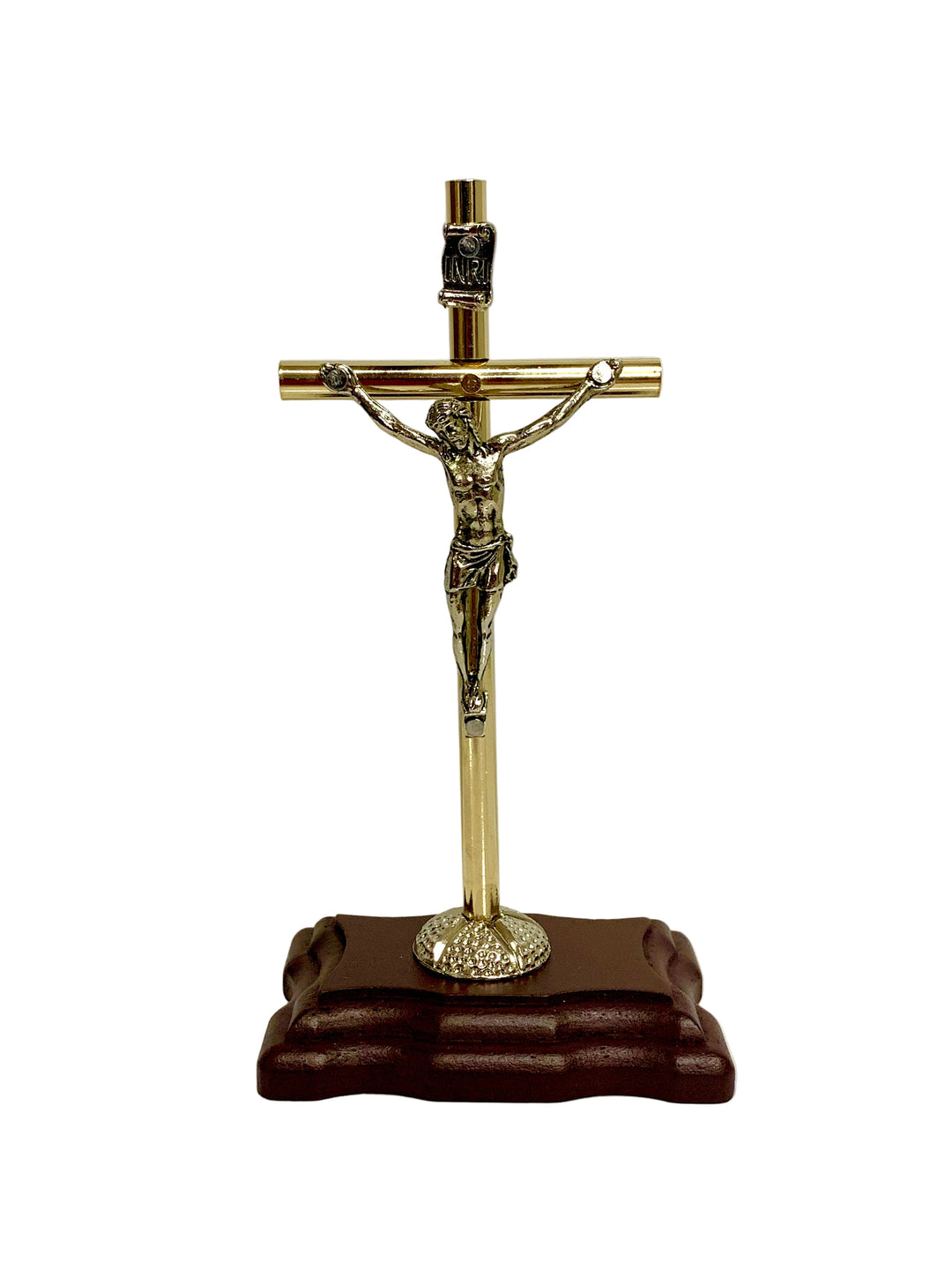 5" Two Tone Metal Standing Crucifix on Wood Base