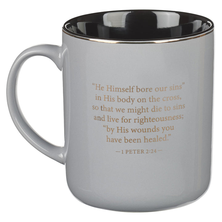 Gray Ceramic Coffee Mug with Metal Cross Inlay