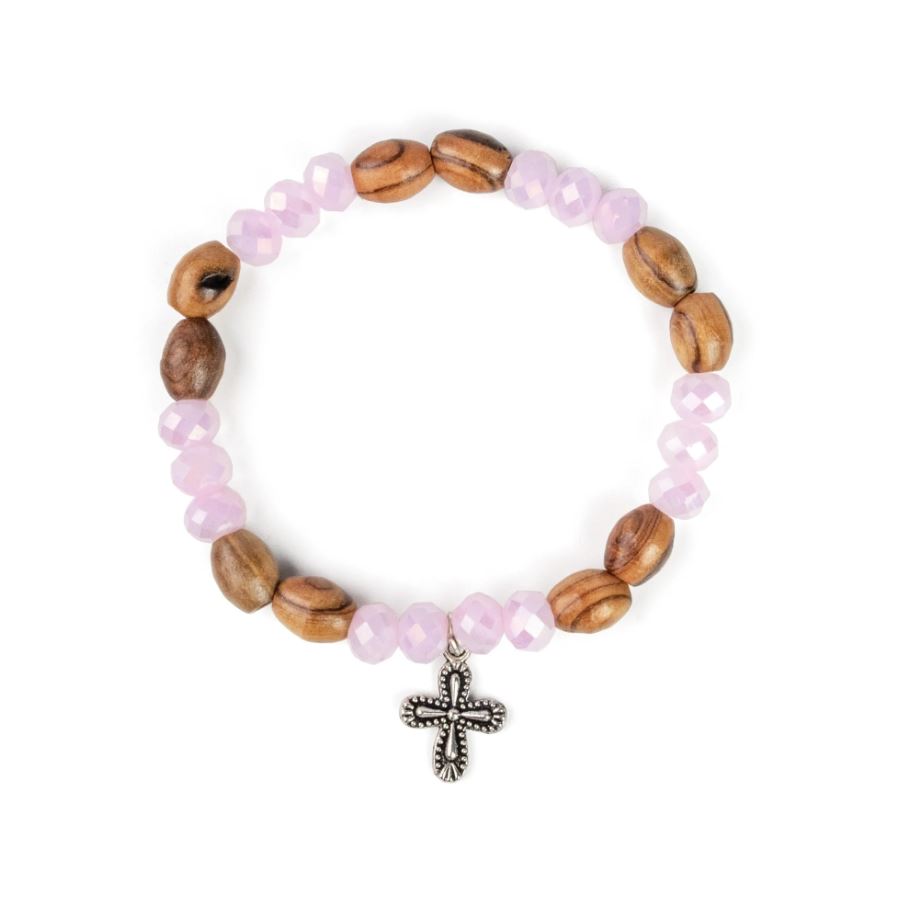 Oval Olive Wood/Pink Crystal Stretch Bracelet With Cross Charm