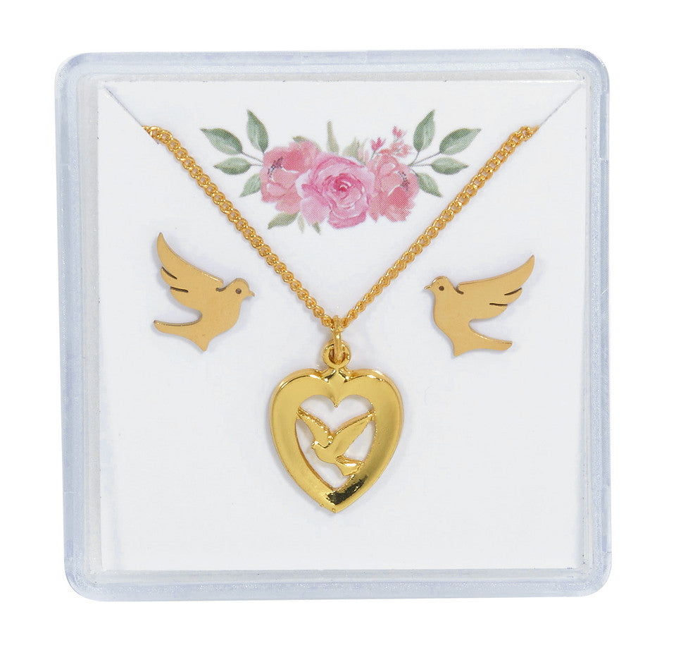 Gold Holy Spirit Earrings and Necklace