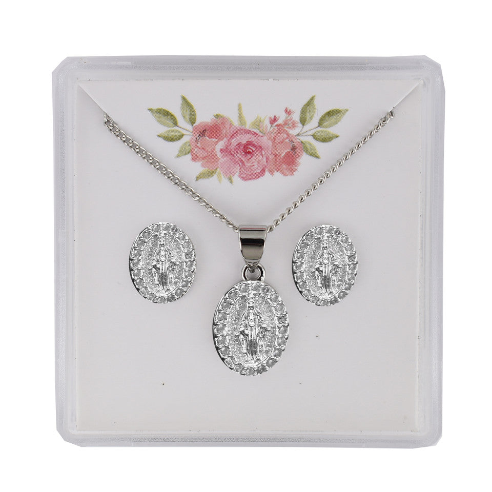 Silver Crystal Miraculous Earrings and Pendant Set