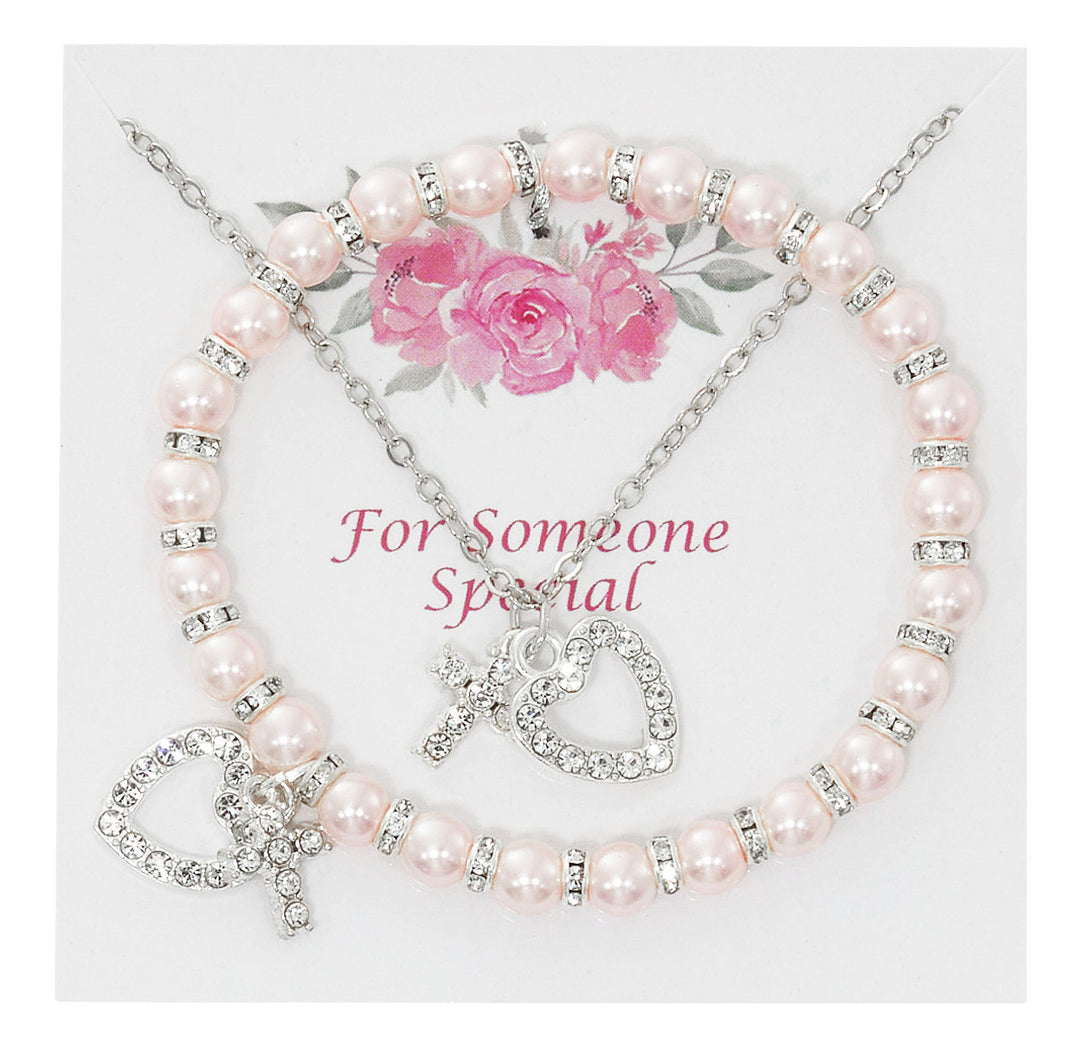 Pink Pearl Stretch Bracelet with Crystal Cross and Heart Pendant