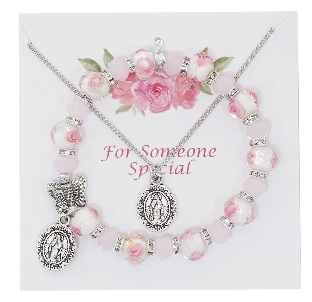 Pink Flower Butterfly Bracelet & Miraculous Pendant Set