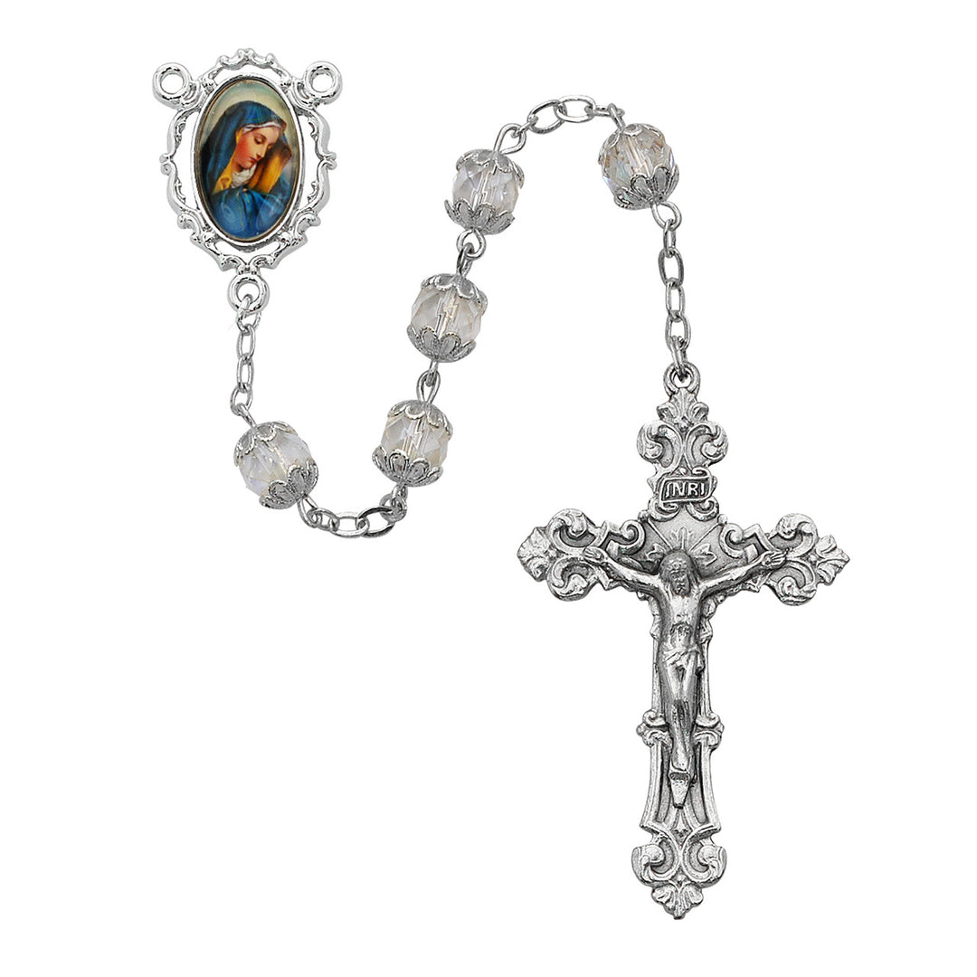 Our Lady of Sorrows Rhodium Plated Rosary with Capped Crystal Beads