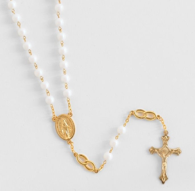 8mm White Bridal Rosary with Wedding Rings