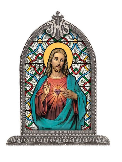 6.5" Sacred Heart of Jesus Silver Stain Glass Arch Plaque