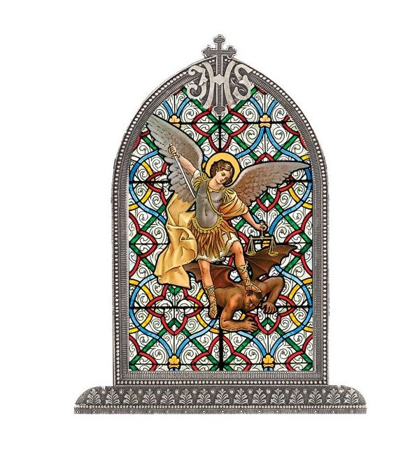 6.5" Saint Michael Silver Stain Glass Arch Plaque