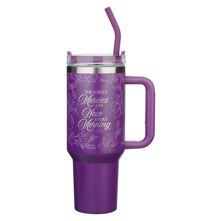 Mercies Purple Floral 40 oz Stainless Steel Tumbler with Straw - Lamentations 3:22-23