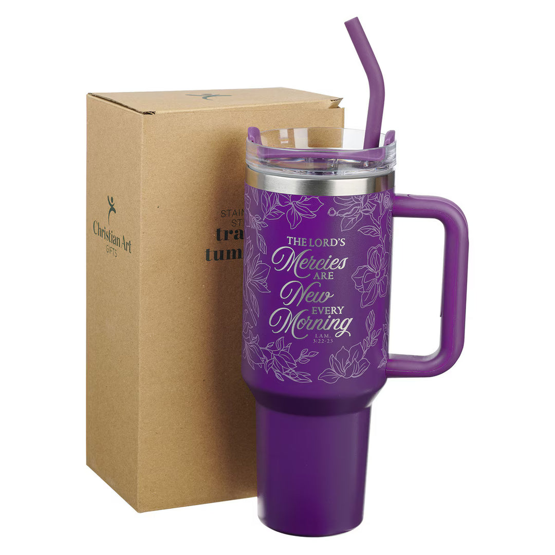 Mercies Purple Floral 40 oz Stainless Steel Tumbler with Straw - Lamentations 3:22-23