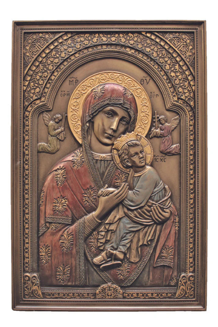 9" Our Lady of Perpetual Help Plaque in lightly hand-painted cold cast bronze