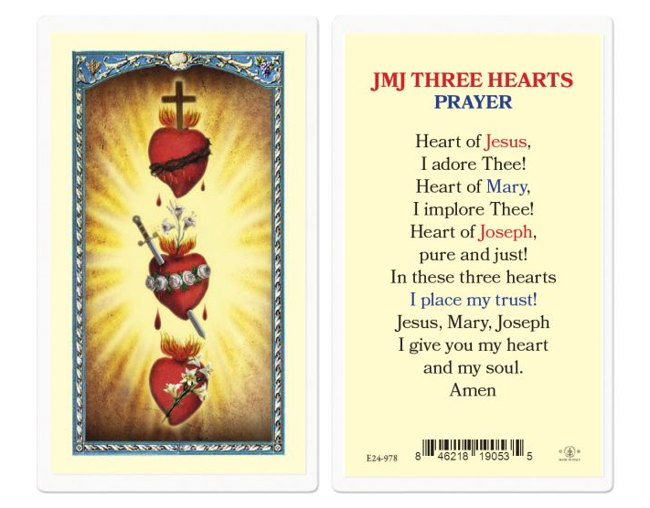 JMJ Three Hearts Laminated Prayer Holy Card