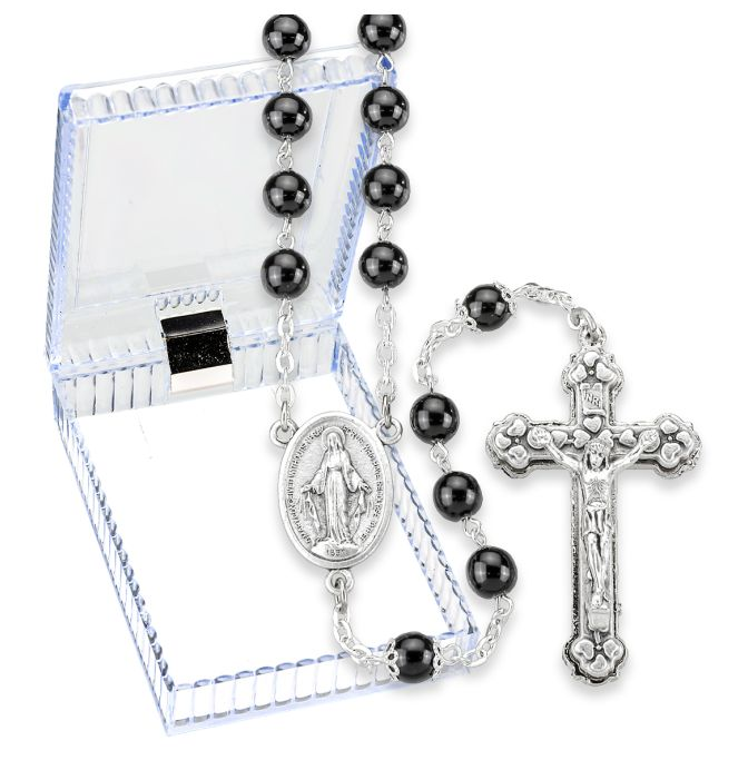 7mm Black Imitation Pearl Glass Bead Rosary