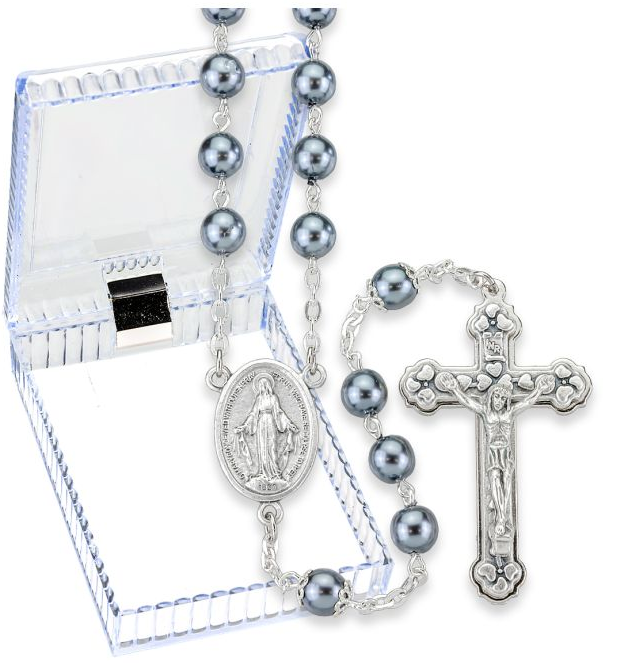 7mm Dark Grey Imitation Pearl Glass Bead Rosary
