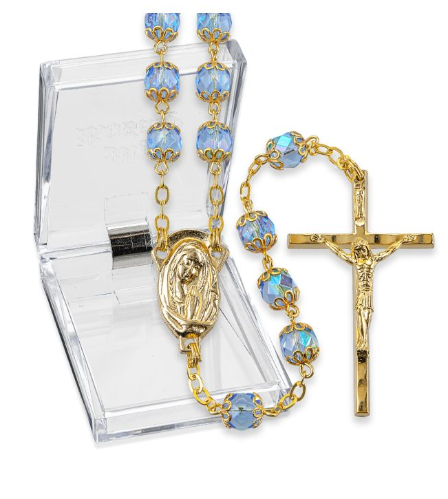7mm Sapphire Glass Bead Gold Tone Rosary