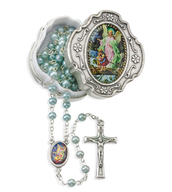 4mm Light Blue Pearlized Bead Rosary in Guardian Angel Keepsake Box