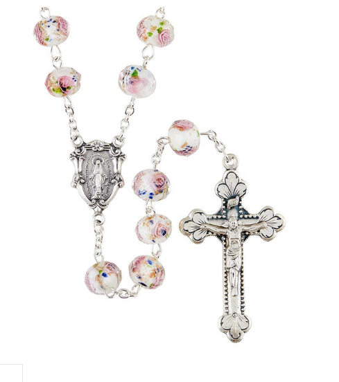 10mm x 8mm White Murano Collection Hand Painted Rosary