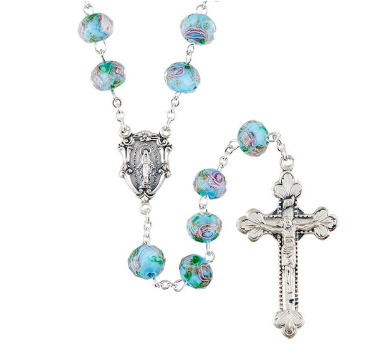 10mm x 8mm Aqua Murano Collection Hand Painted Rosary
