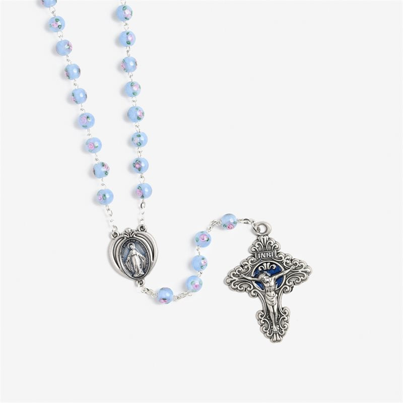 8mm Blue Lamp Bead Rosary With Enamel Crucifix