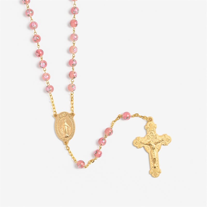 8mm Rose Lamp Bead Rosary With Gold Crucifix