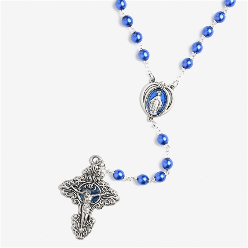 7mm Metallic Blue Rosary with Blue Enamel Centerpiece