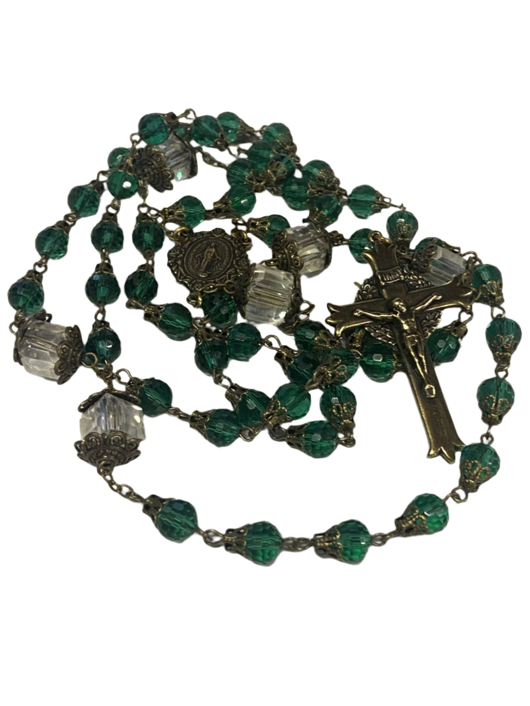 8mm Emerald Green Faceted Glass Tulip Rosary with Antique Brass