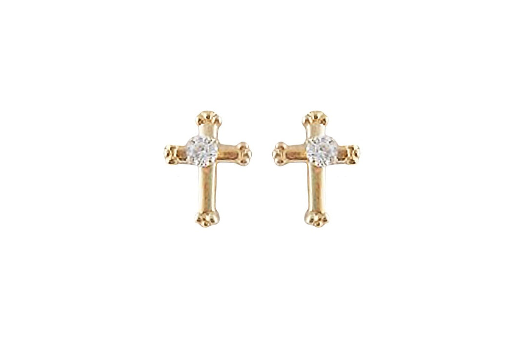 14Kt Gold Budded Cross Earrings with Cubic Zirconia Stones