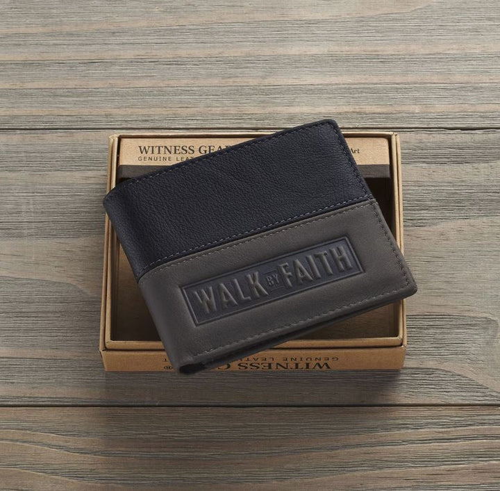Walk by Faith Black and Gray Full Grain Leather Wallet - 2 Corinthians 5:7