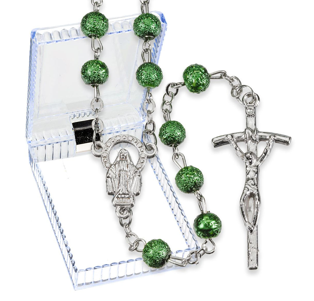 Green Hammered Bead Rosary
