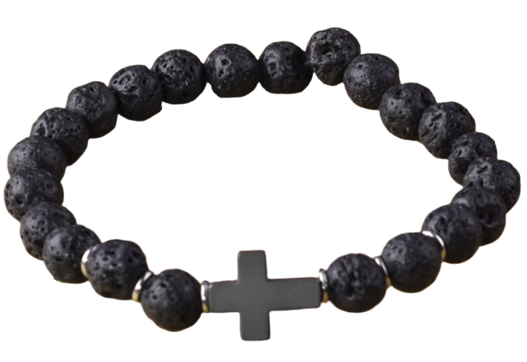 Men's Black Lava Stone Cross Bracelet