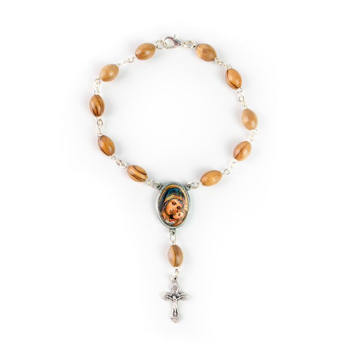 Madonna and Child, Holy Land Olive Wood Pocket Auto Rosary