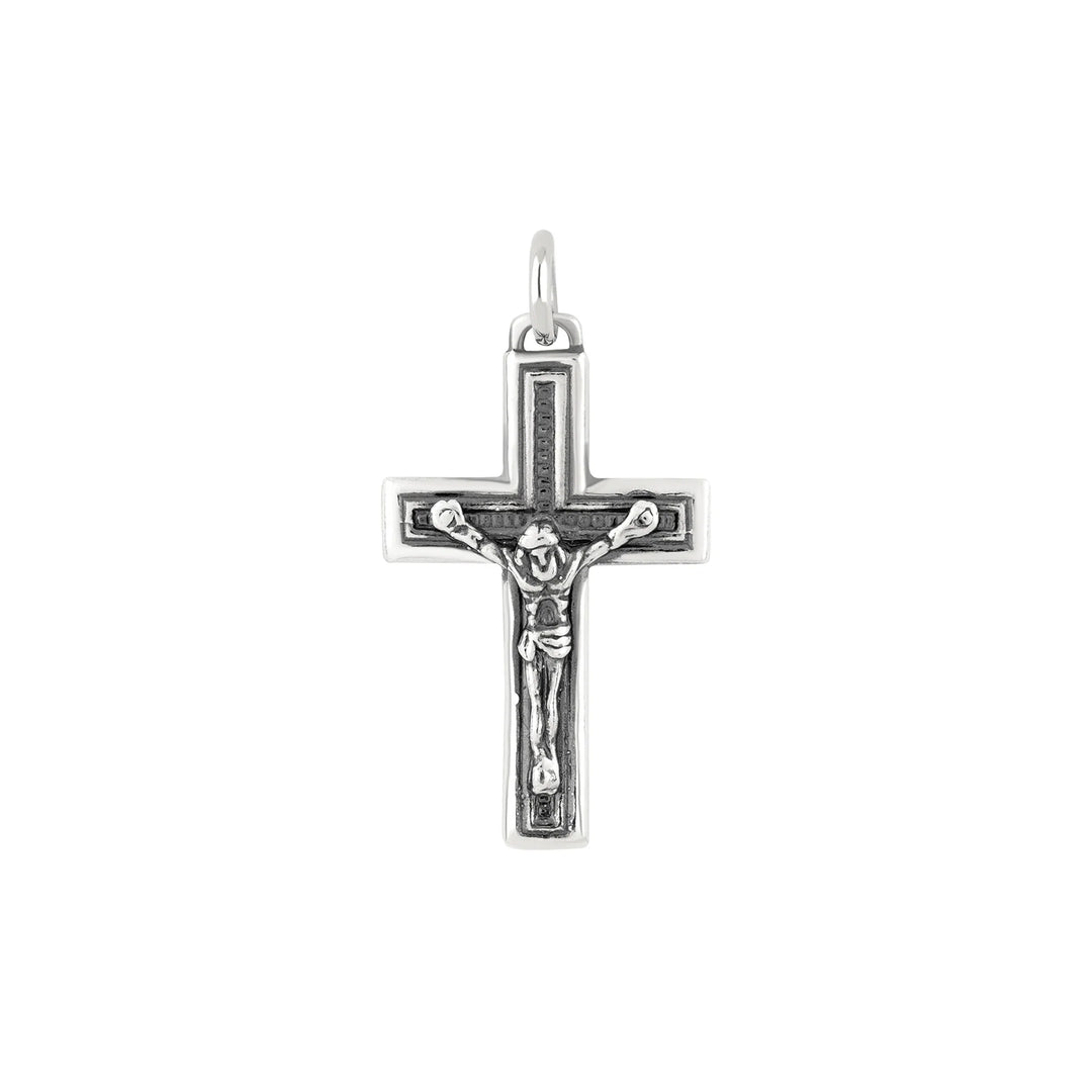 Sterling Silver Bordered Latin Crucifix Antiqued Pendant