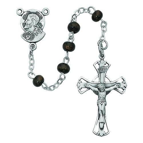 Sterling Silver Brown Wood Rosary