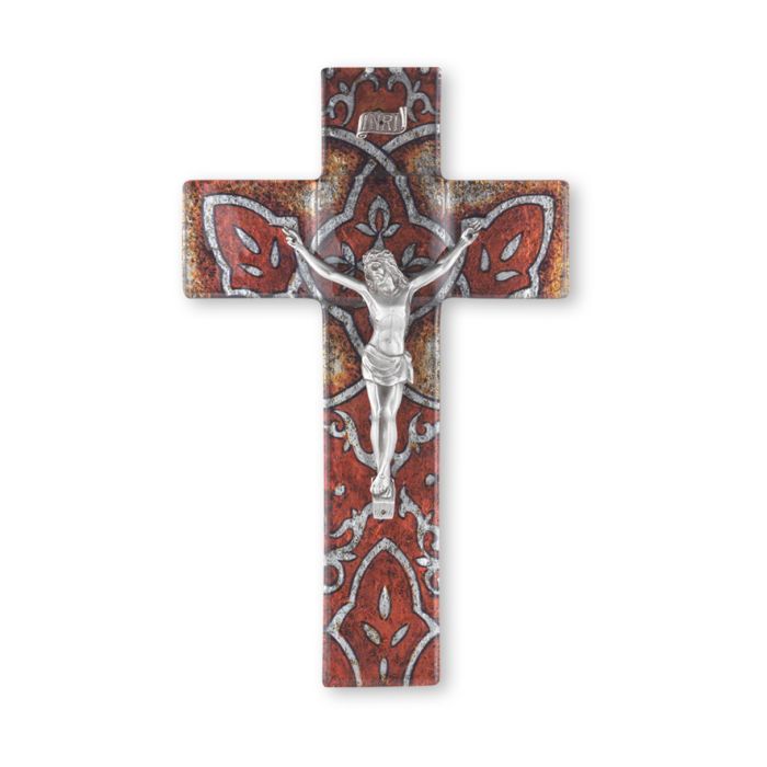 10" Burnt Orange Glass Cross with Pewter Corpus