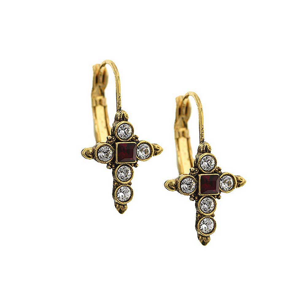 14K Gold Dipped Red Crystal Cross Earrings