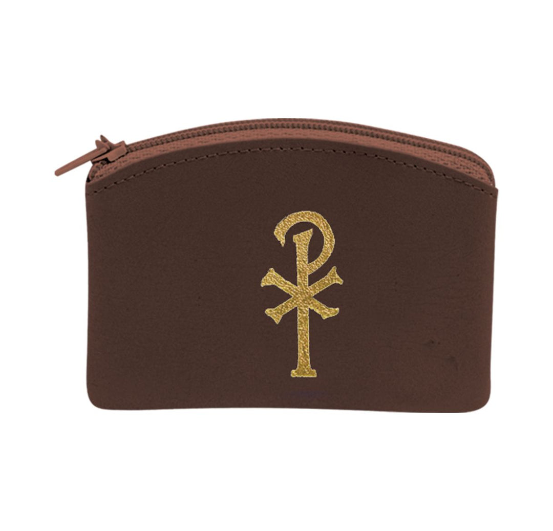 Brown Calf Grained Vinyl Chi-Rho Rosary Case