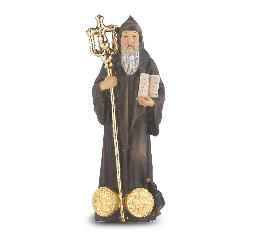 4" Cold Cast Resin Hand Painted Statue of Saint Benedict in a Deluxe Window Box