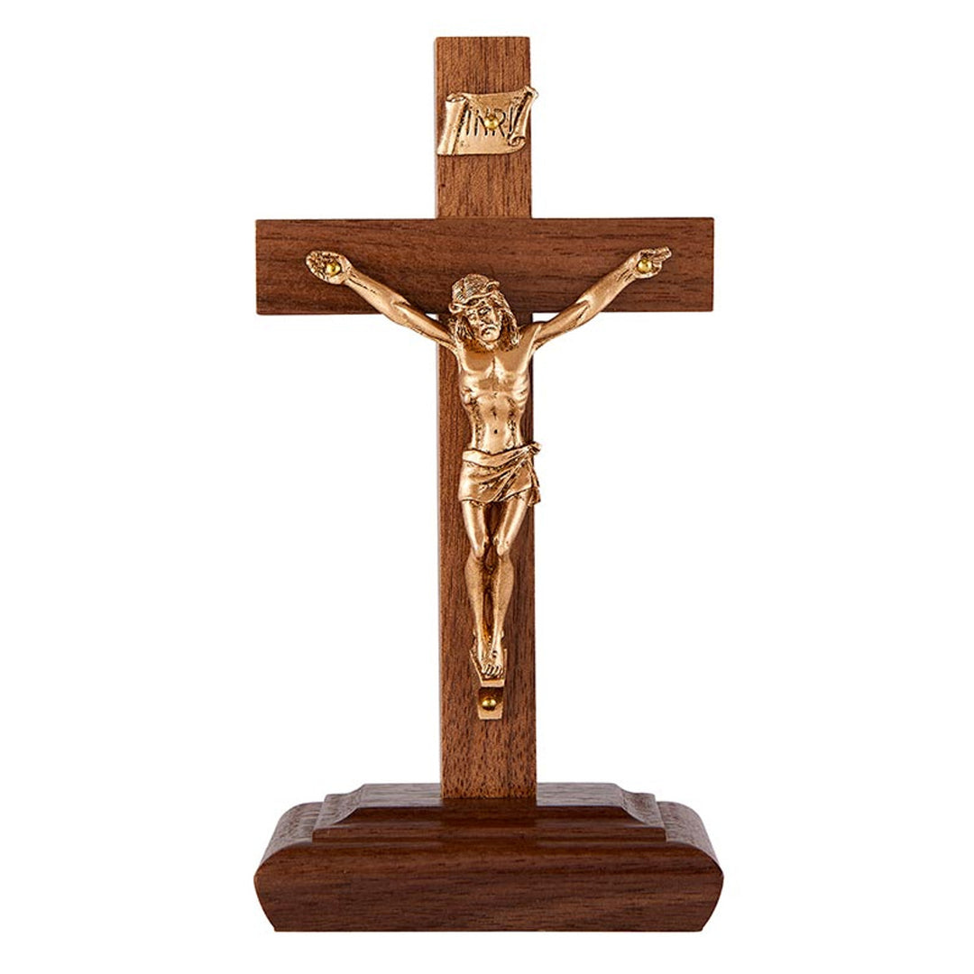 6" Walnut and Gold Standing Crucifix