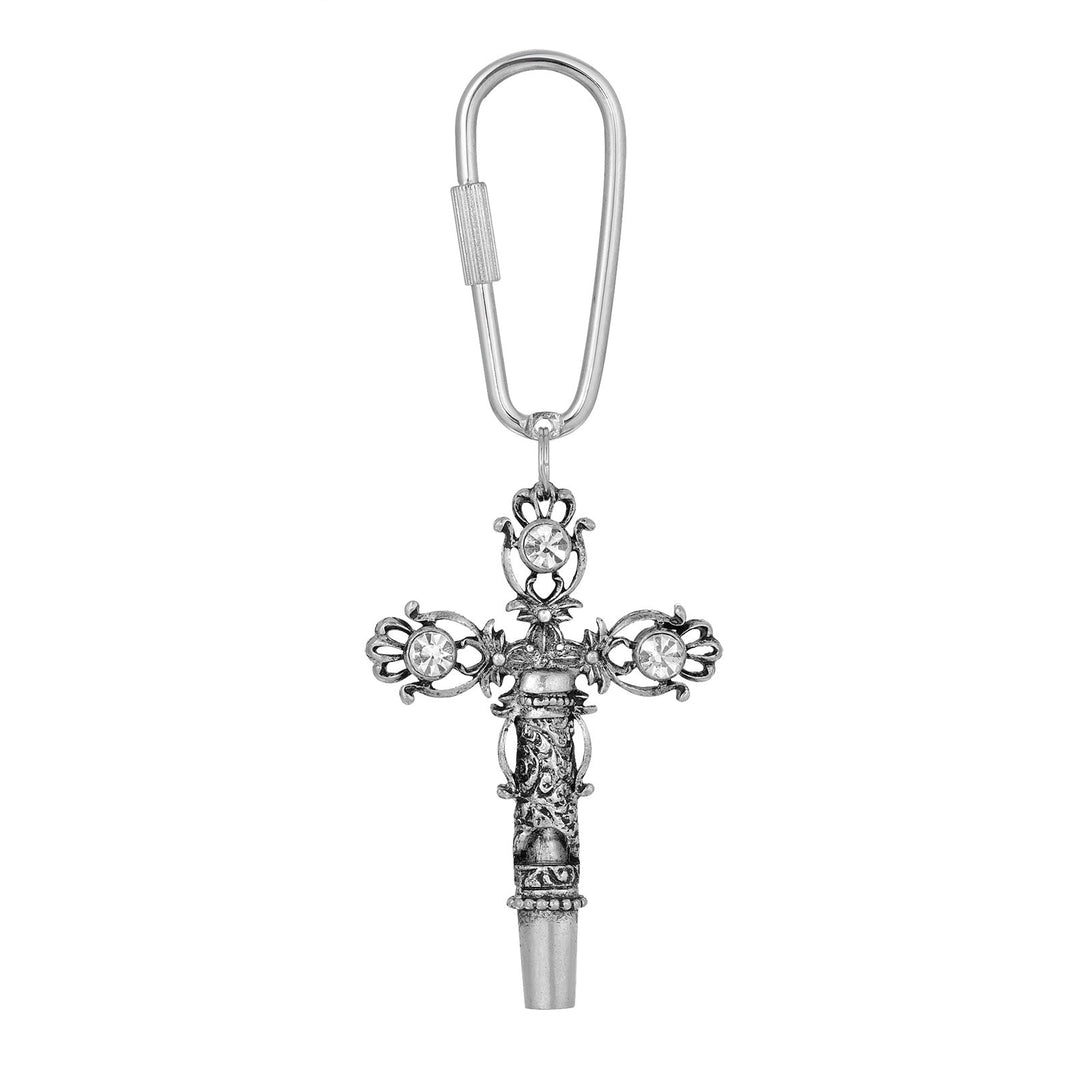 Antiqued Pewter Crystal Cross Whistle Key Chain