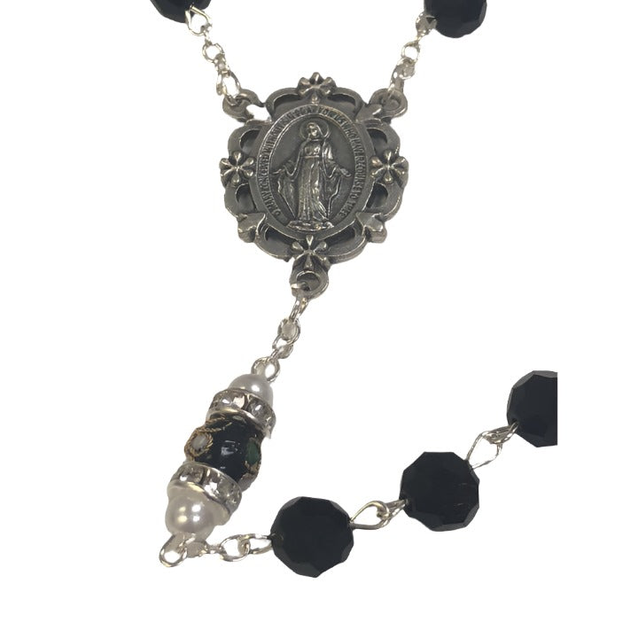 Black Crystal Bead with Imitation Pearl Rosary