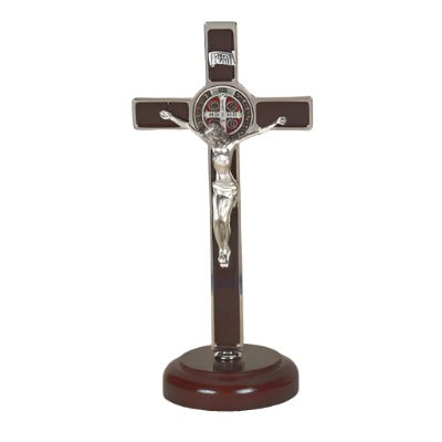 8" Brown Enameled St. Benedict Crucifix on Base