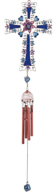 26" Copper Cross Wind Chime with Blue Heart