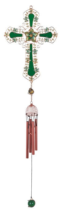 26" Copper Cross Wind Chime with Green Flowers